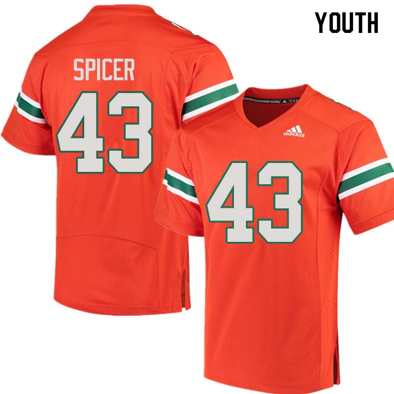 Youth Miami Hurricanes #43 Jack Spicer College Football Jerseys Sale-Orange - Click Image to Close